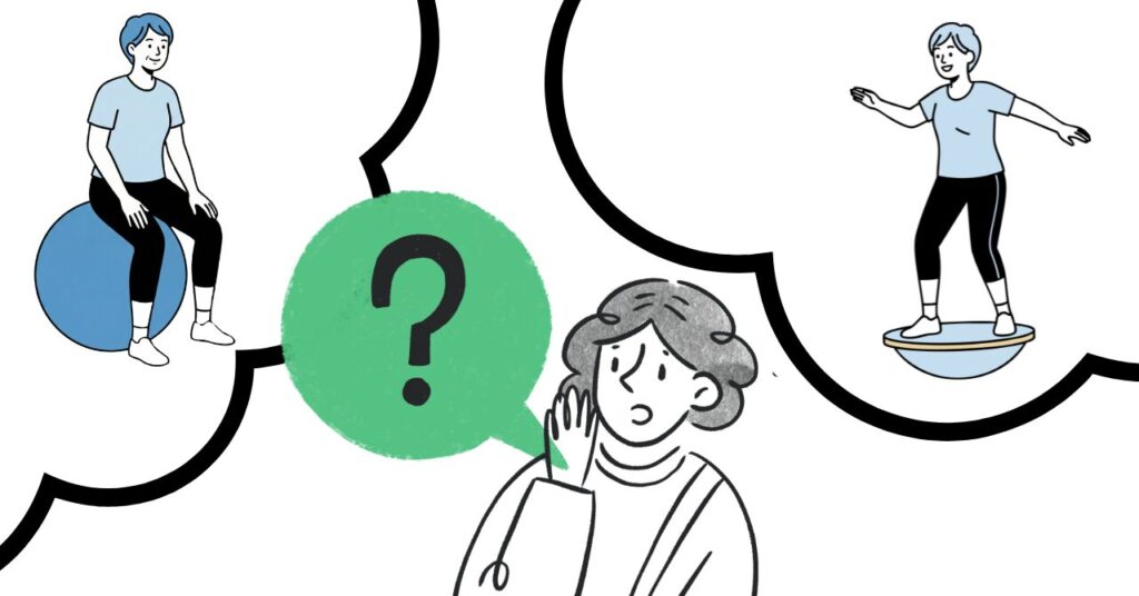 バランスボールとバランスボードで悩む女性