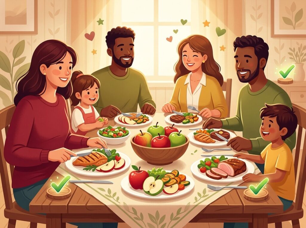 お肉とりんごを一緒に食べる家族