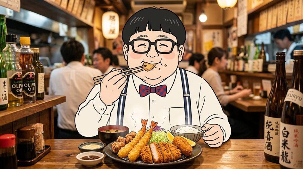 オリーブオイルで揚げた揚げ物を食べる男性