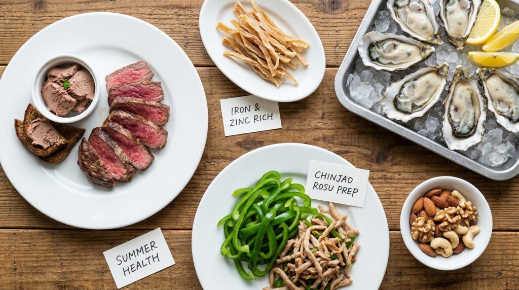 赤身肉、レバー、牡蠣、ナッツ