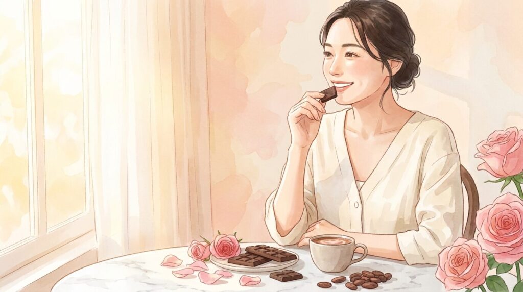 チョコレートを食べる美肌の女性