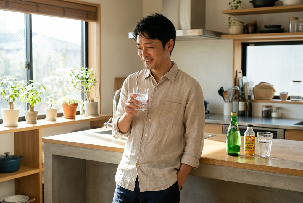 炭酸水にお酢を入れた飲み物を飲む男性