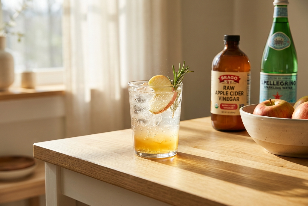 机に置かれた炭酸水にお酢を入れた飲み物