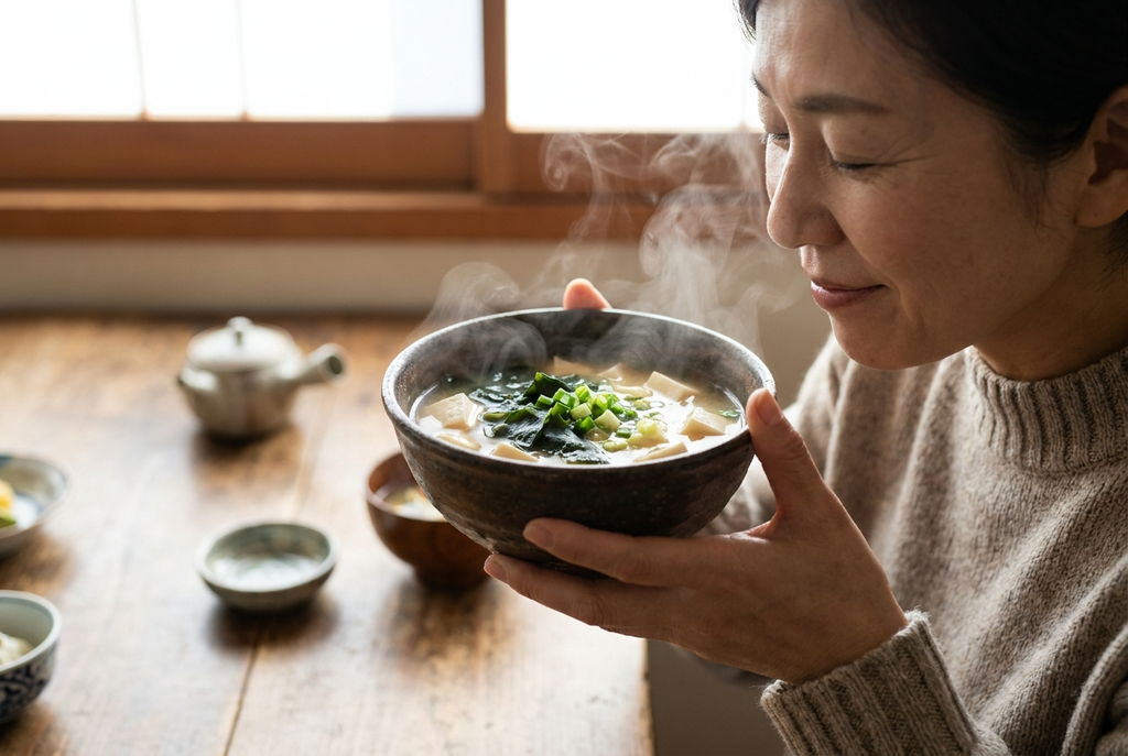 味噌汁を飲む女性