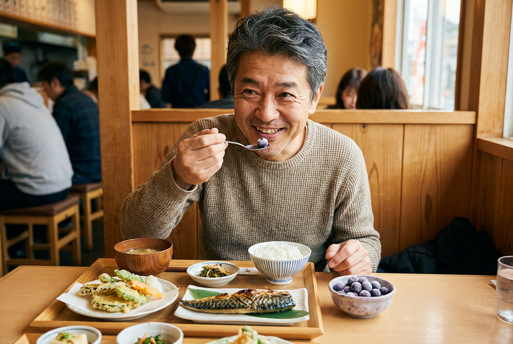 ごはんと一緒にブルーベリーを食べる男性